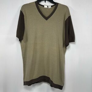 Army Green Brown Block V-Neck Knit Sweater Shirt Cotton Blend XL